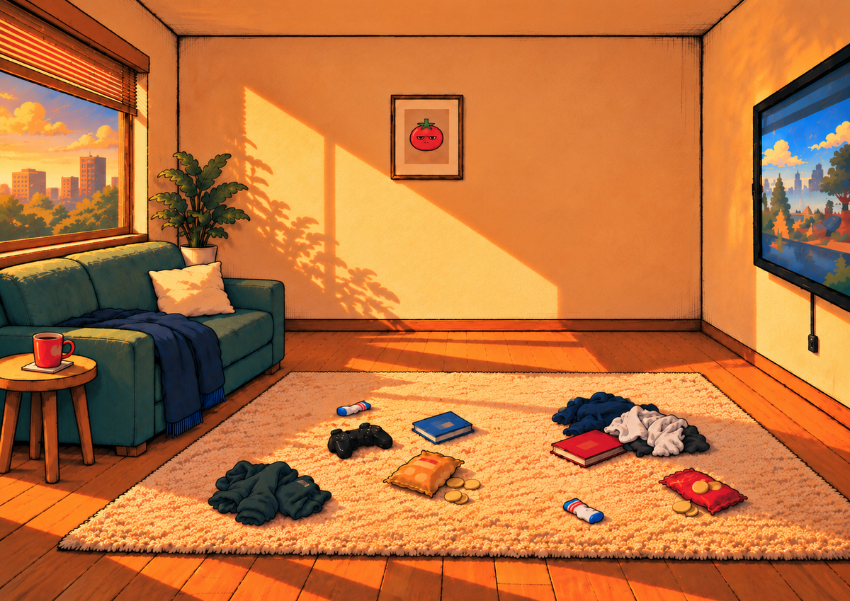 A golden-hour living room with scattered clothes, snacks and a game controller, without Tomato in the room.