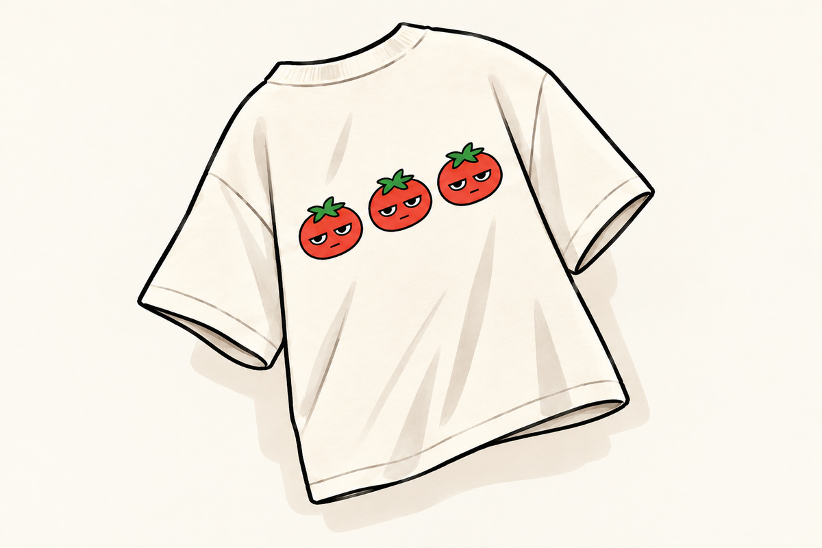 Hand-drawn ivory T-shirt with three unimpressed red tomatoes, each with a small mouth