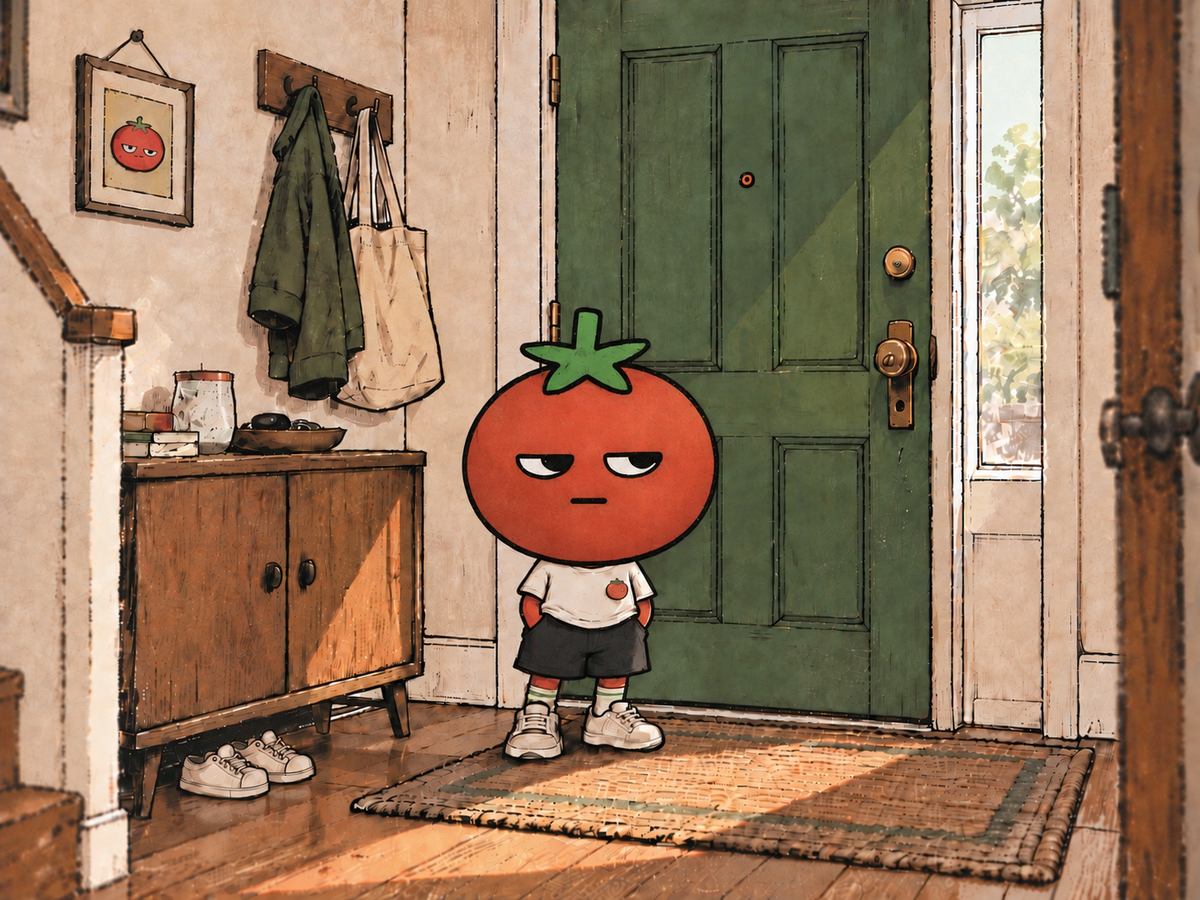 KindaMato standing with hands in pockets by a green door in a sunlit entryway