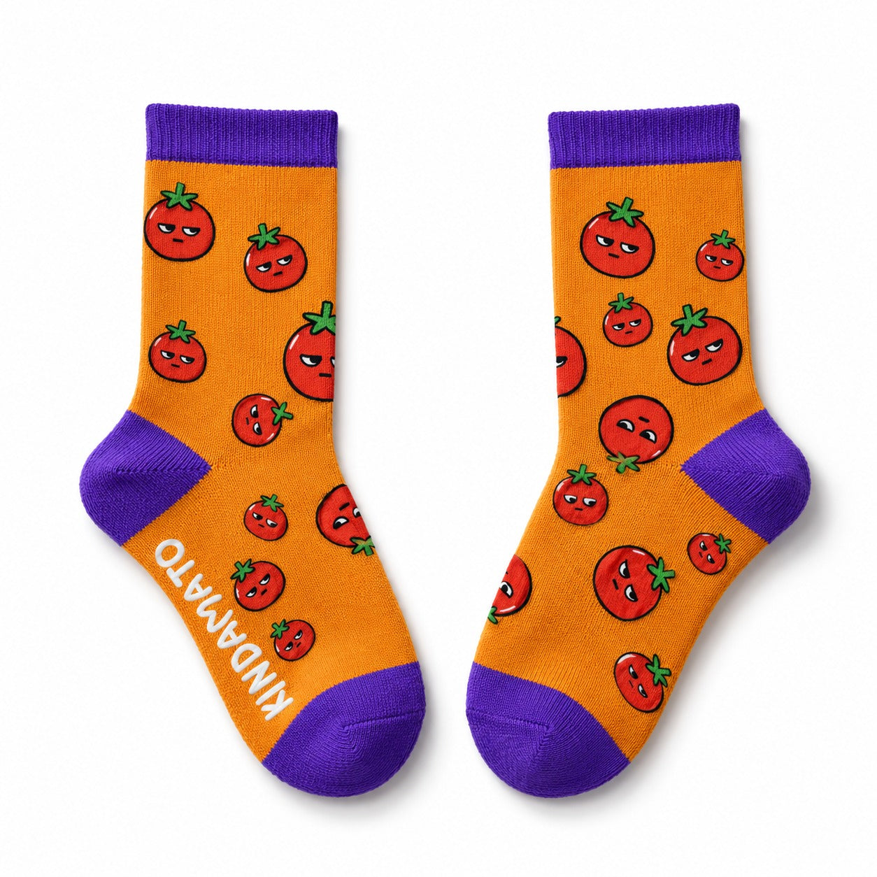 Orange and purple KindaMato tomato pattern socks mockup